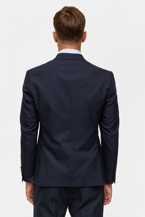 Lacivert Slim Çizgili Kruvaze Yaka 6 Drop Takım Elbise