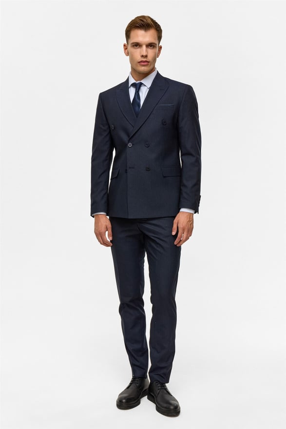 Lacivert Slim Çizgili Kruvaze Yaka 6 Drop Takım Elbise