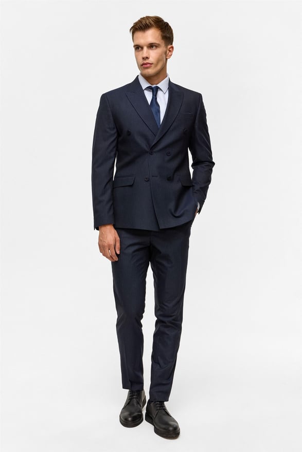 Lacivert Slim Çizgili Kruvaze Yaka 6 Drop Takım Elbise