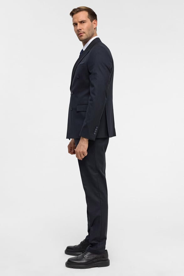 Lacivert Slim Çizgili Kruvaze Yaka 6 Drop Takım Elbise