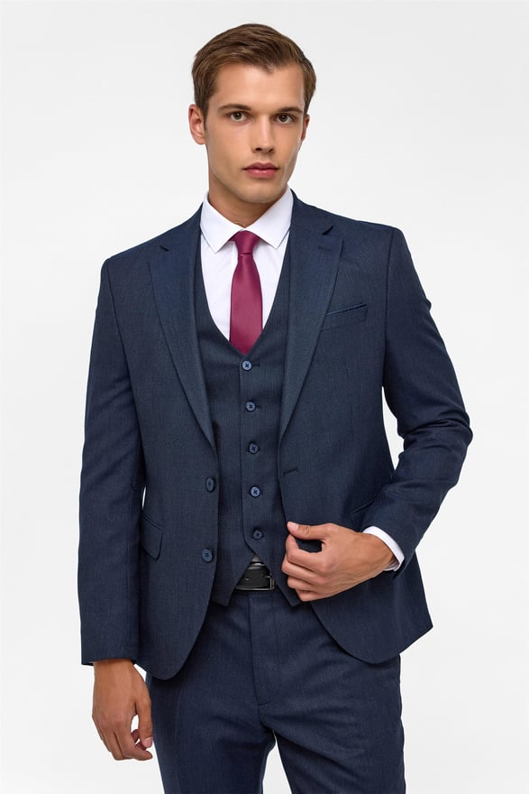 Lacivert Slim Desenli Mono Yaka 6 Drop Yelekli Takım Elbise