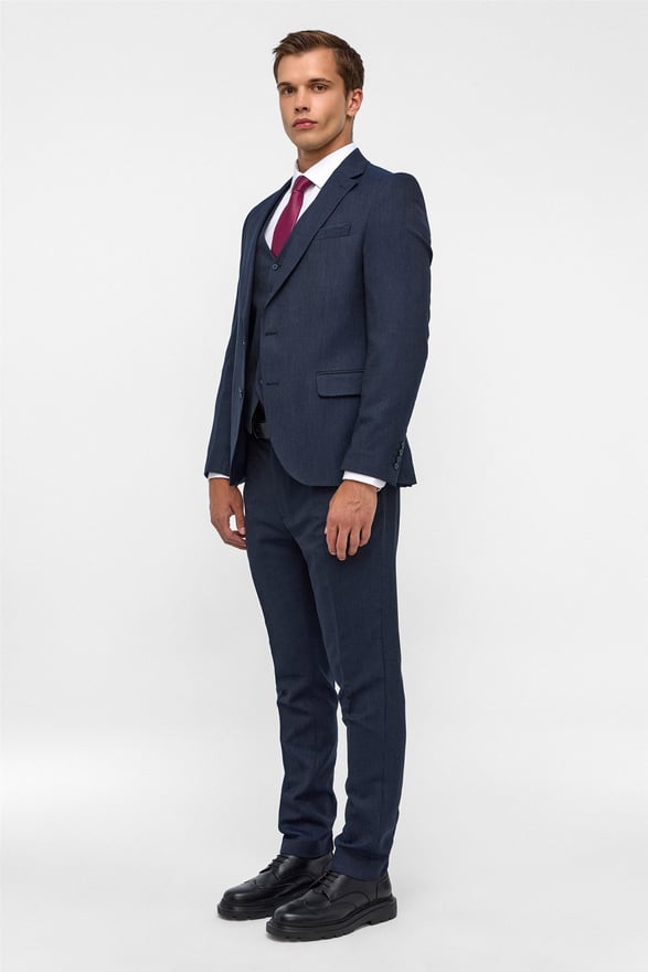 Lacivert Slim Desenli Mono Yaka 6 Drop Yelekli Takım Elbise