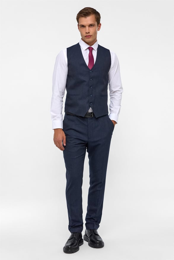 Lacivert Slim Desenli Mono Yaka 6 Drop Yelekli Takım Elbise