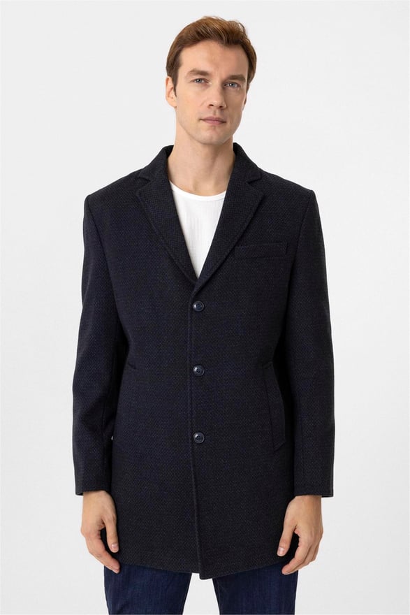 Lacivert Slim Desenli Mono Yaka Kaban