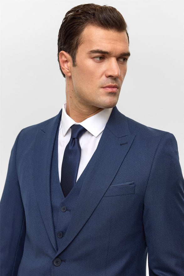 Lacivert Slim Desenli Sivri Yaka 6 Drop Yelekli Takım Elbise