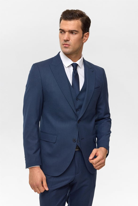 Lacivert Slim Desenli Sivri Yaka 6 Drop Yelekli Takım Elbise