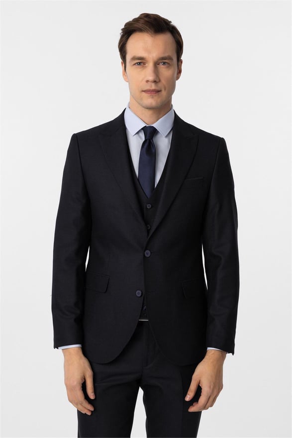 Lacivert Slim Desenli Sivri Yaka 6 Drop Yelekli Takım Elbise