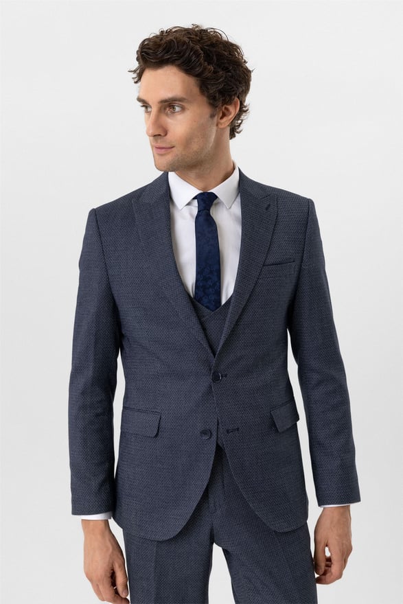 Lacivert Slim Desenli Sivri Yaka 6 Drop Yelekli Takım Elbise