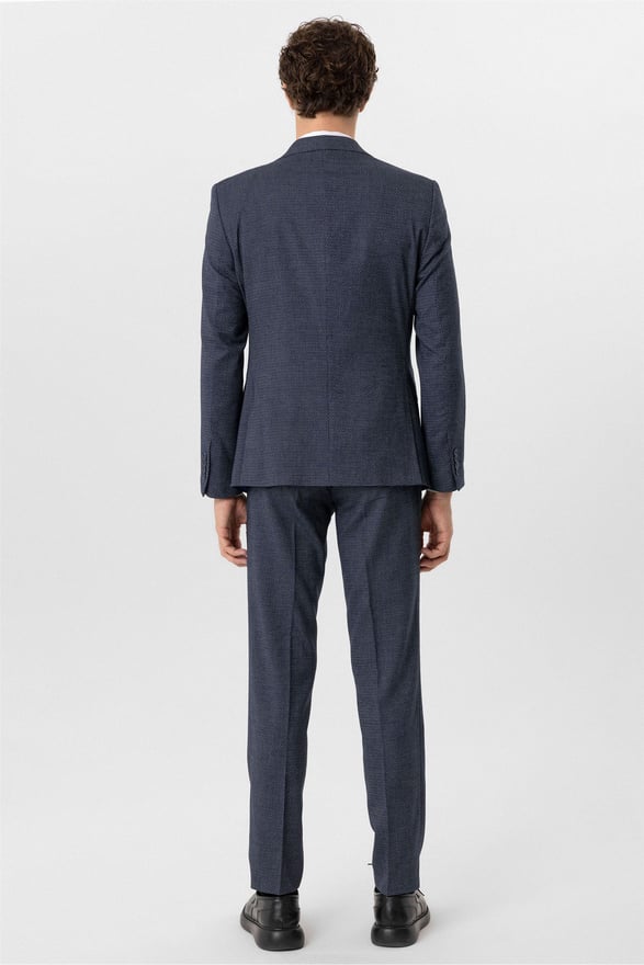 Lacivert Slim Desenli Sivri Yaka 6 Drop Yelekli Takım Elbise