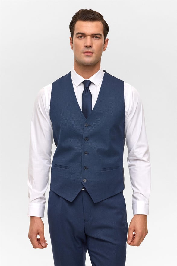 Lacivert Slim Desenli Sivri Yaka 6 Drop Yelekli Takım Elbise