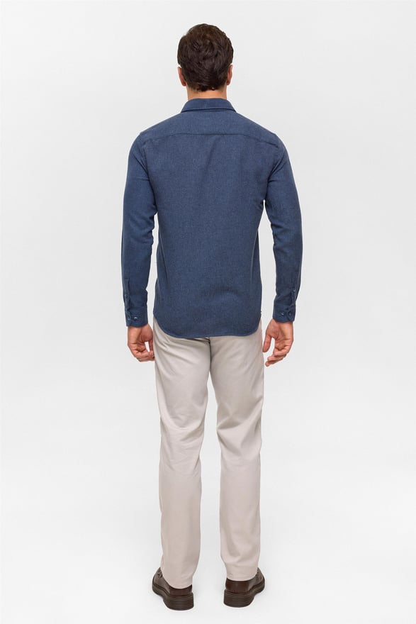 Lacivert Slim Düz Düğmeli Yaka Gömlek