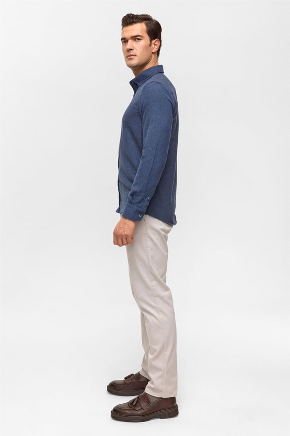 Lacivert Slim Düz Düğmeli Yaka Gömlek