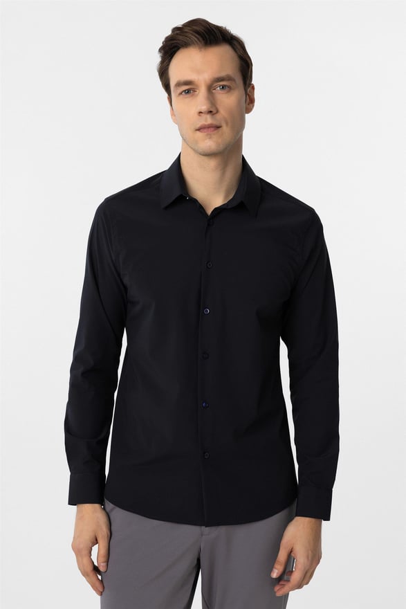 Lacivert Slim Düz Klasik Yaka Gömlek