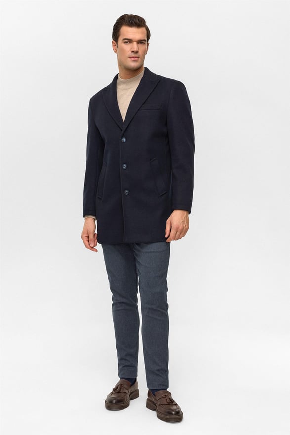 Lacivert Slim Düz Sivri Yaka Kaban
