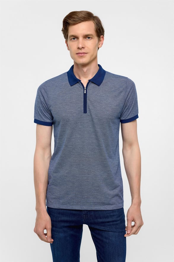 Lacivert Slim Fit Baskılı Polo Yaka Tişört