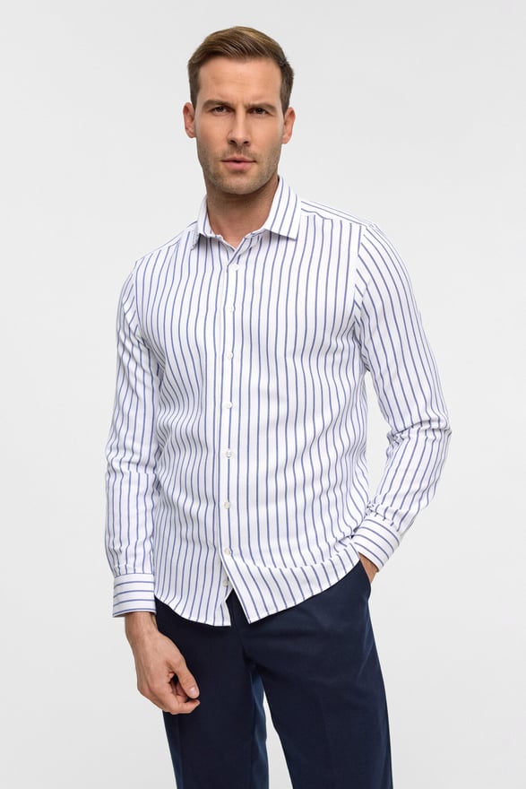Mavi Slim Çizgili Klasik Yaka Gömlek