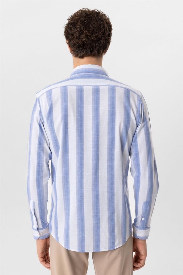 Mavi Slim Desenli Düğmeli Yaka Gömlek