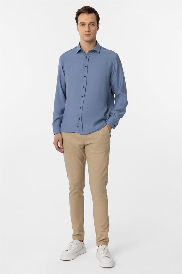 Mavi Slim Düz Klasik Yaka Gömlek