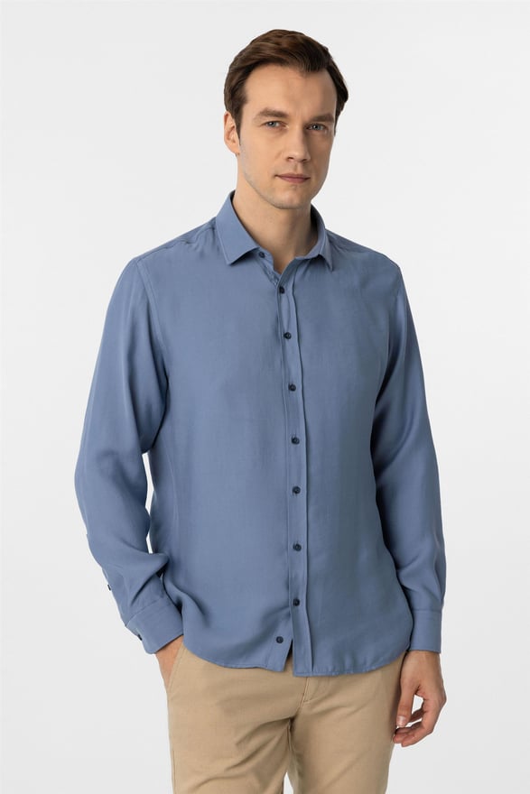 Mavi Slim Düz Klasik Yaka Gömlek