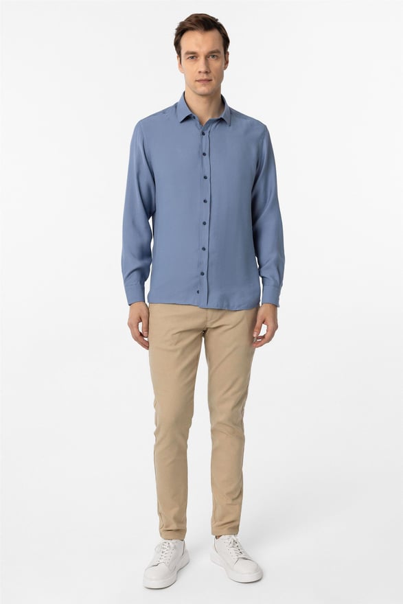 Mavi Slim Düz Klasik Yaka Gömlek