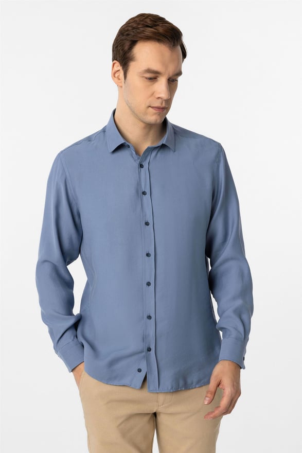 Mavi Slim Düz Klasik Yaka Gömlek