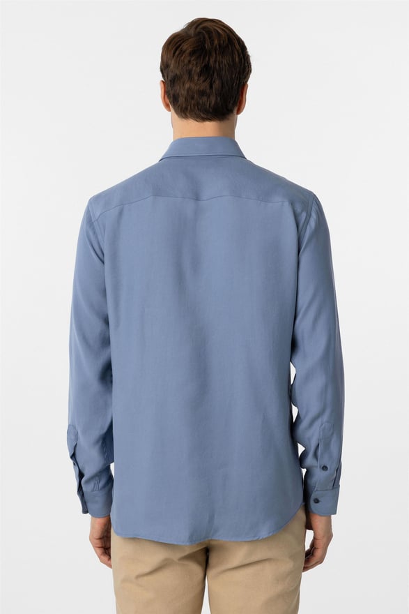 Mavi Slim Düz Klasik Yaka Gömlek