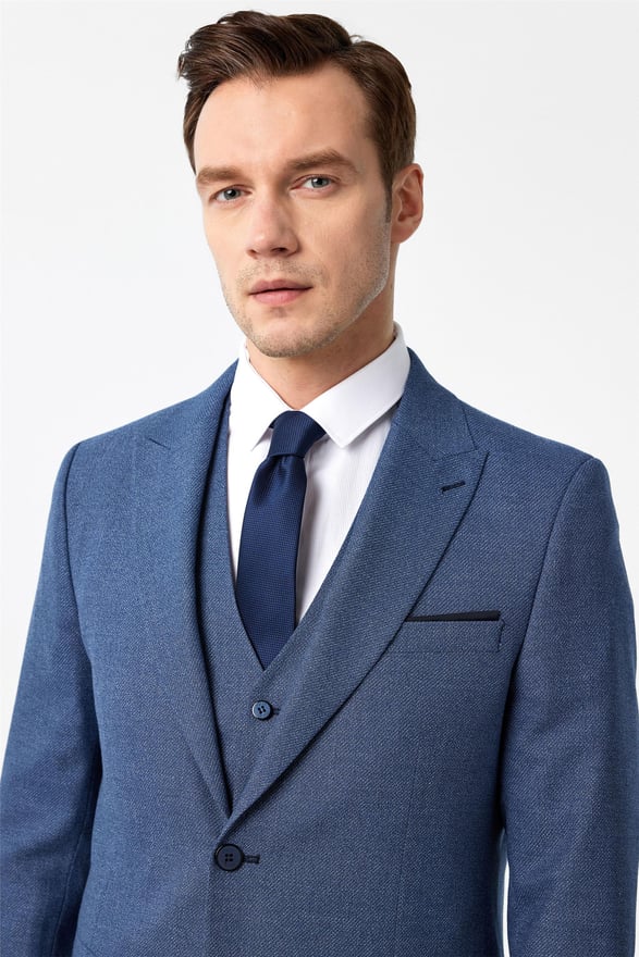 Parlement Mavi Slim Desenli Mono Yaka 6 Drop Yelekli Takım Elbise