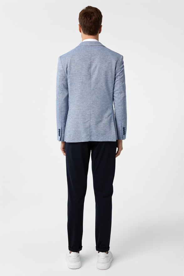 Saks Mavi Slim Desenli Sivri Yaka 6 Drop Ceket