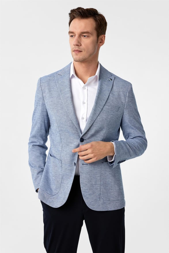 Saks Mavi Slim Desenli Sivri Yaka 6 Drop Ceket