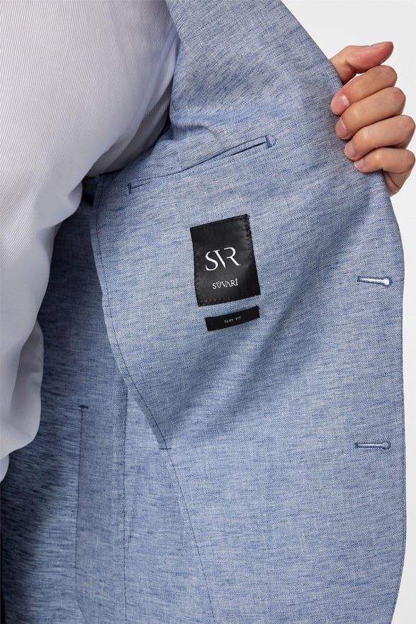 Saks Mavi Slim Desenli Sivri Yaka 6 Drop Ceket