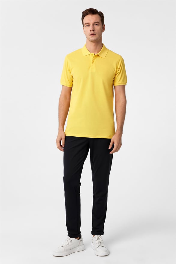 Sarı Slim Armürlü Polo Yaka Tişört