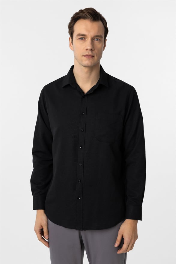 Siyah Regular Armürlü Klasik Yaka Gömlek