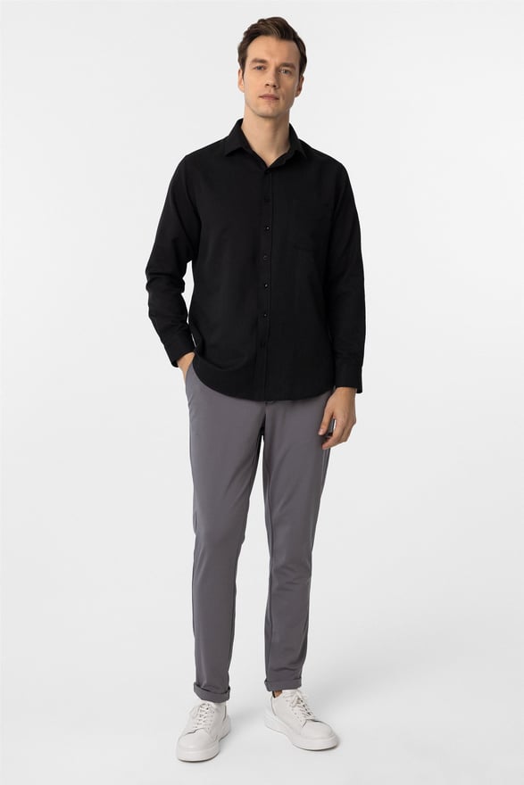 Siyah Regular Armürlü Klasik Yaka Gömlek