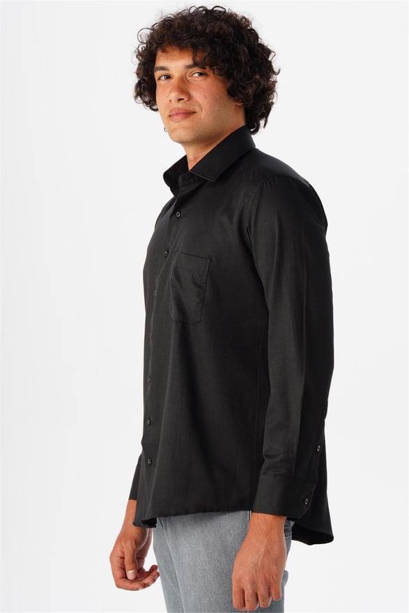 Siyah Regular Armürlü Klasik Yaka Gömlek