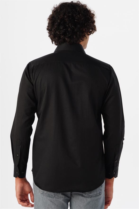 Siyah Regular Armürlü Klasik Yaka Gömlek