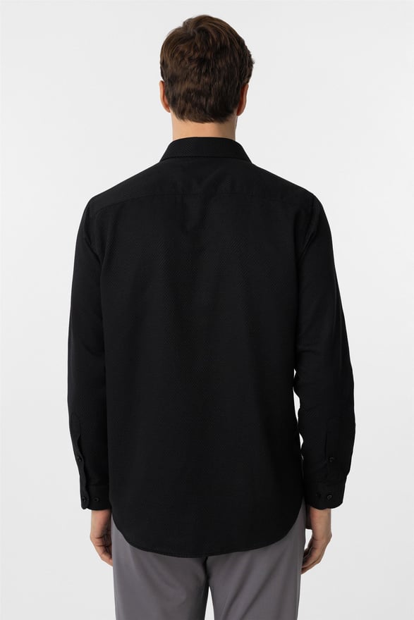 Siyah Regular Armürlü Klasik Yaka Gömlek