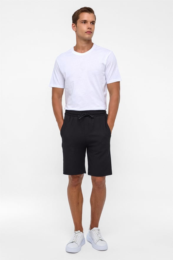 Siyah Regular Armürlü Örme Şort