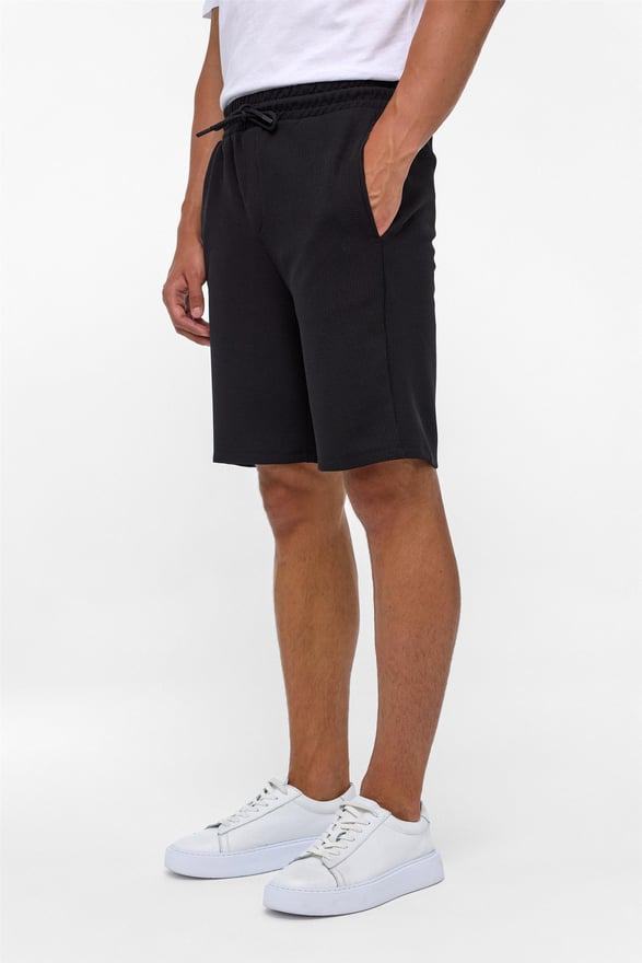 Siyah Regular Armürlü Örme Şort