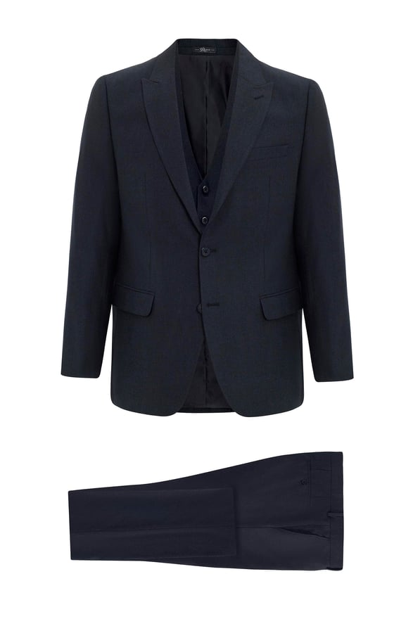 Siyah Regular Armürlü Sivri Yaka 4 Drop Yelekli Klasik Takım Elbise