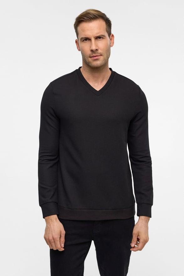 Siyah Regular Armürlü V Yaka Triko