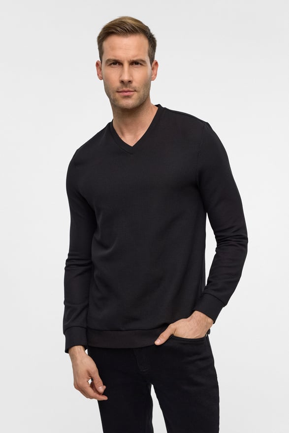 Siyah Regular Armürlü V Yaka Triko