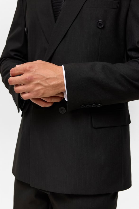 Siyah Regular Çizgili Kruvaze Yaka 6 Drop Takım Elbise