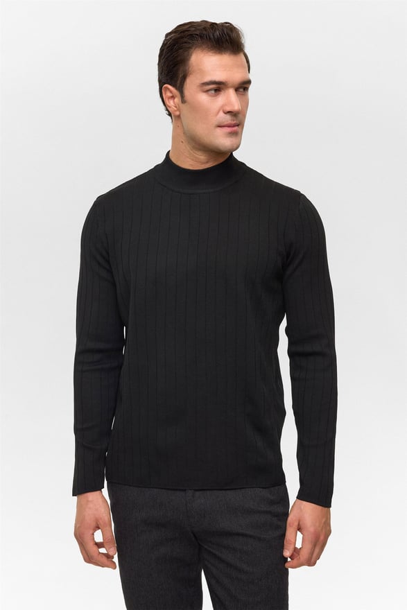 Siyah Regular Desenli Bisiklet Yaka Triko Kazak