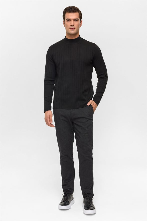 Siyah Regular Desenli Bisiklet Yaka Triko Kazak