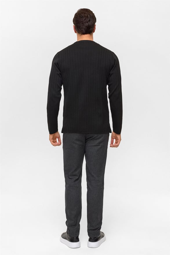 Siyah Regular Desenli Bisiklet Yaka Triko Kazak