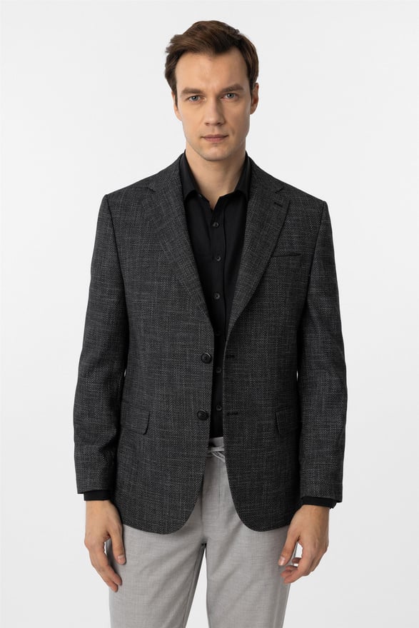 Siyah Regular Desenli Mono Yaka 4 Drop Ceket