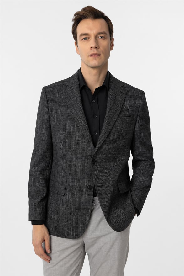 Siyah Regular Desenli Mono Yaka 4 Drop Ceket