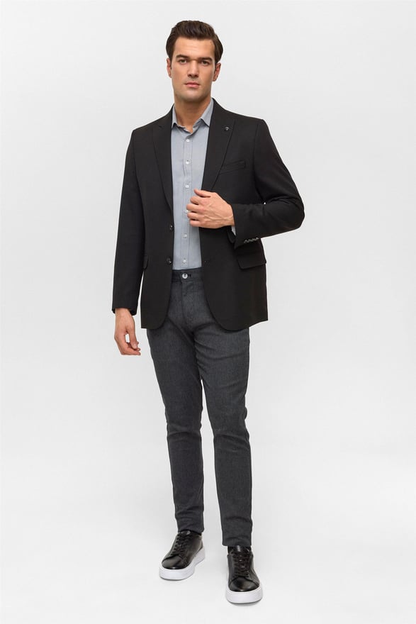 Siyah Regular Desenli Mono Yaka 6 Drop Ceket
