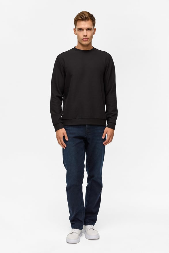 Siyah Regular Düz Bisiklet Yaka Sweatshirt