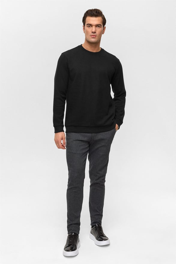 Siyah Regular Düz Bisiklet Yaka Sweatshirt